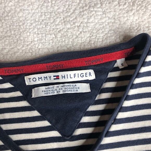 Tommy Hilfiger y2k striped vneck dark blue white tshirt top medium - Picture 5 of 7